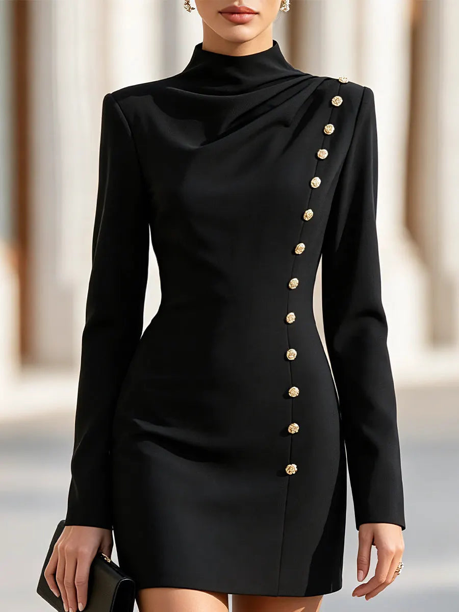 Draped Mock Neck Button Detail Mini Dress