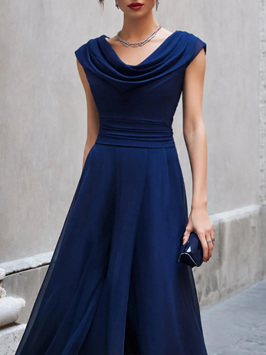 Elegant Cowl Neck Sleeveless Flowing Midi Dress
