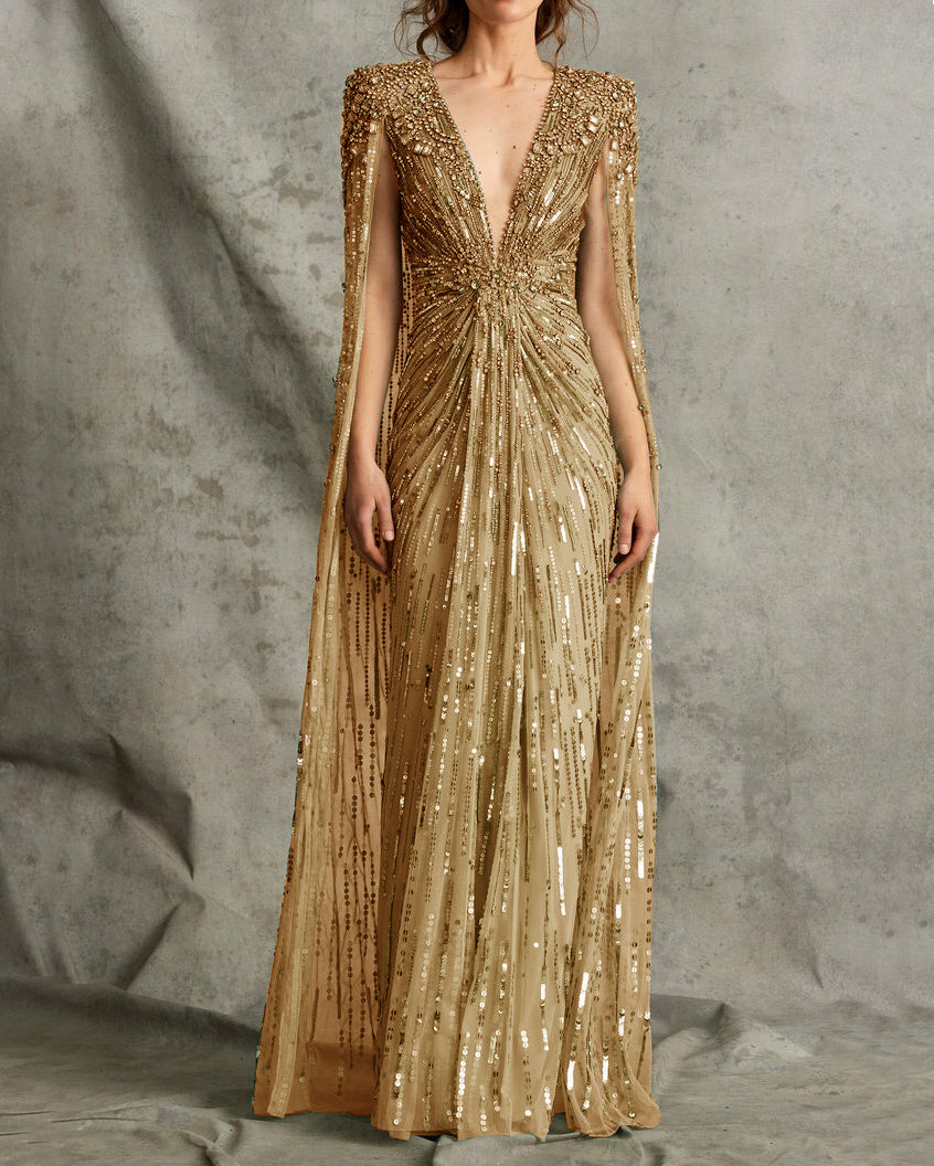 Deep V Beading Cape Sleeve Dress