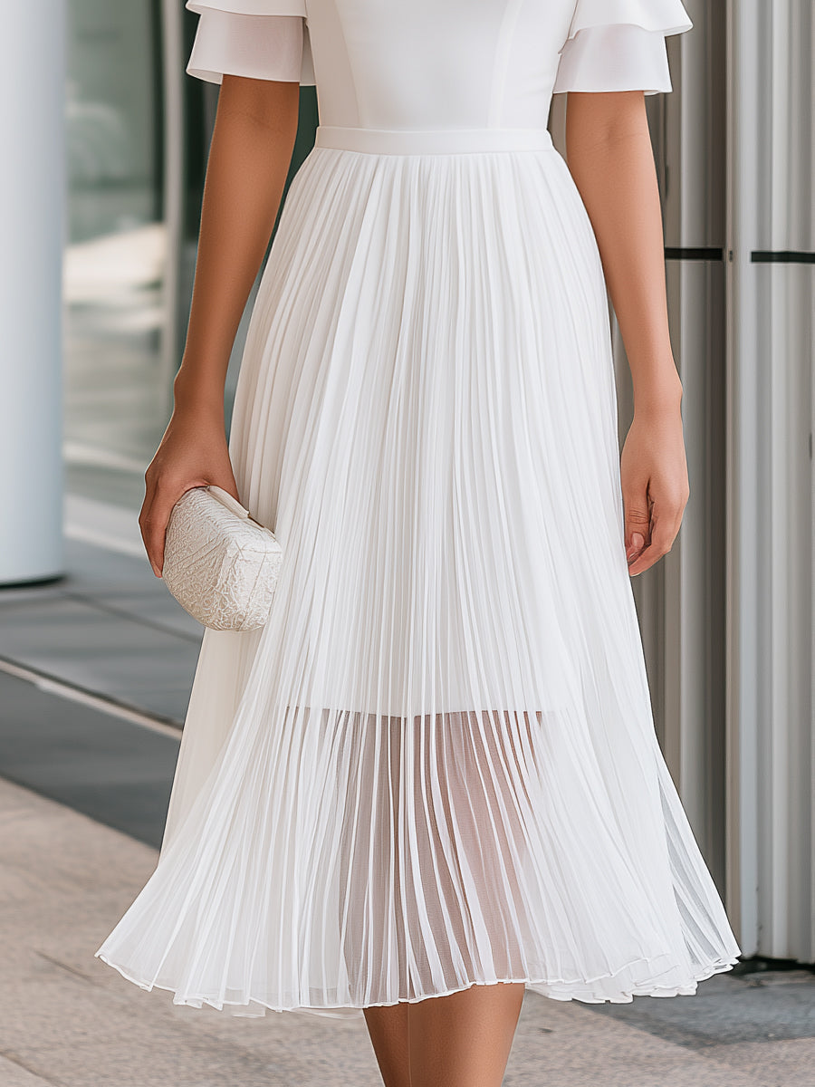 Sheer Mesh Neck Chiffon Pleated A-Line Midi Dress