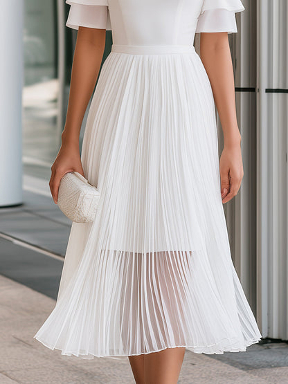 Sheer Mesh Neck Chiffon Pleated A-Line Midi Dress