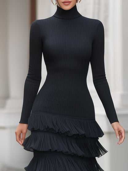 Chiffon Ruffle Skirt Ribbed Knit Midi Dress