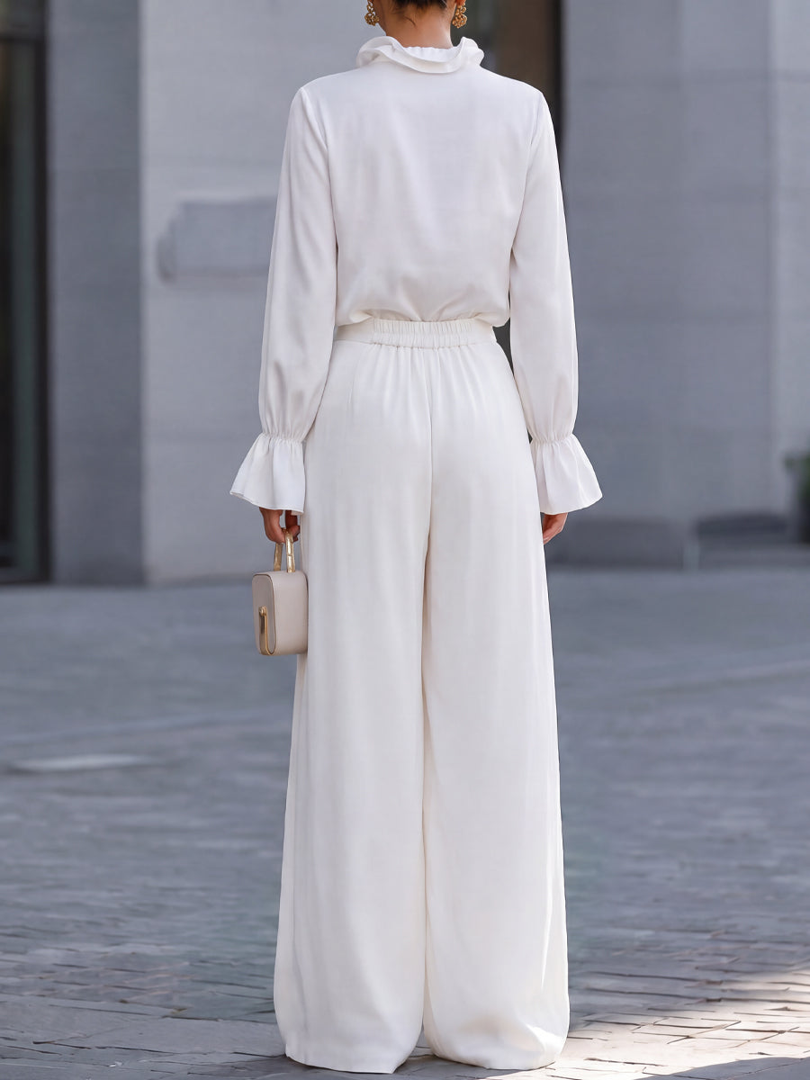 Ruffle Tie-Neck Blouse Wide-Leg  Trousers Two-Piece Set