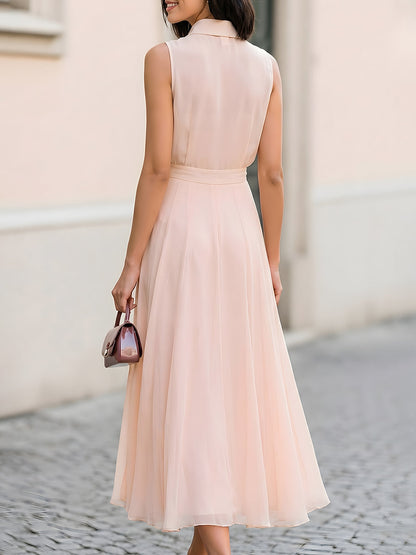 Sleeveless Collared Chiffon Maxi Dress With Flowing A-Line Skirt