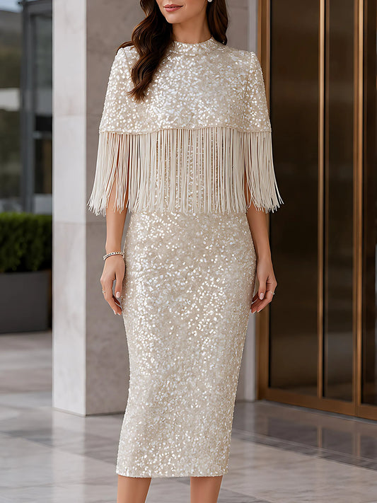 Robe midi cape à franges et sequins