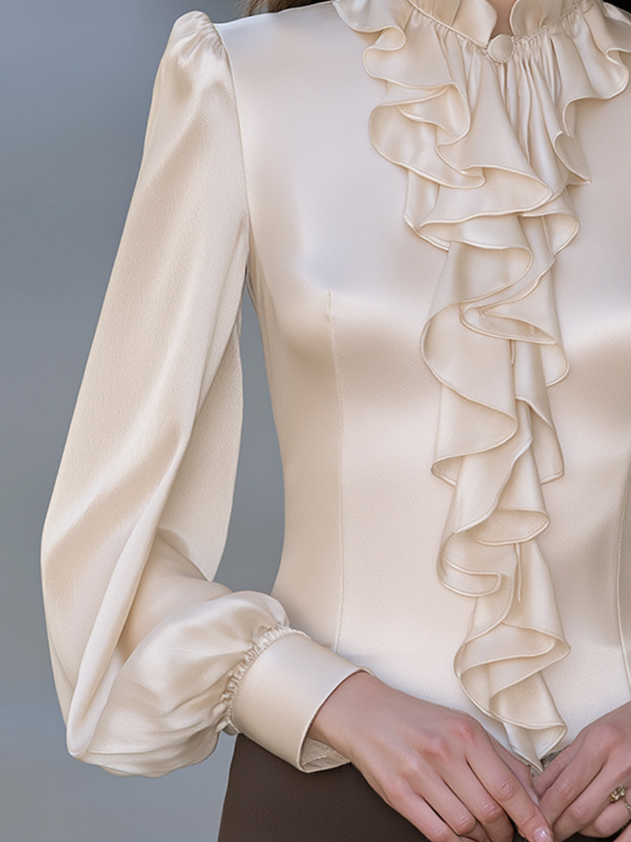 Ruffle Front High Neck Satin Blouse