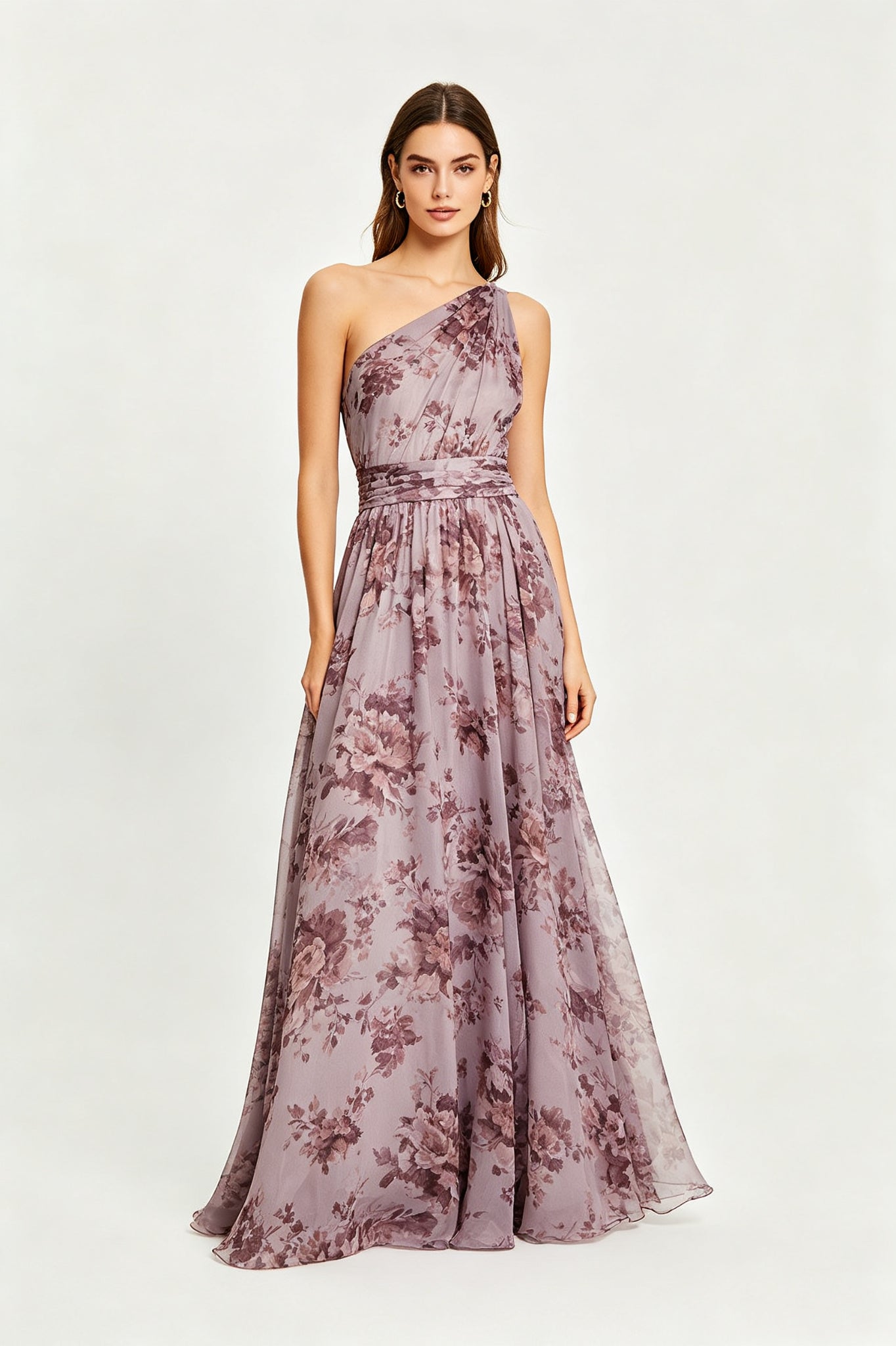 One-Shoulder Floral Print Maxi Dress - Dusty Purple Floral