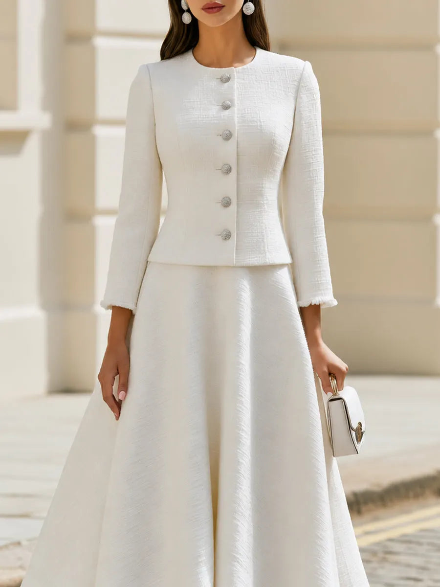 Round Neck Fringe Trim Tweed Jacket & Midi A-Line Skirt Two-Piece  Suit