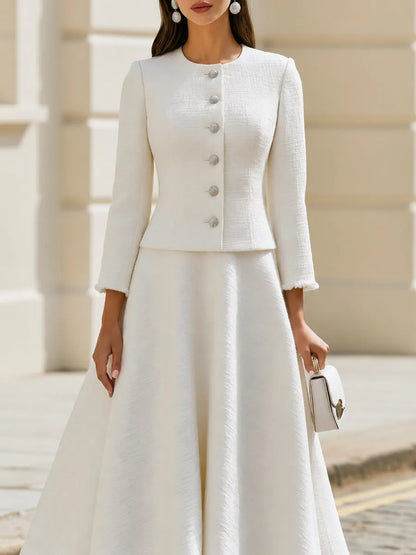 Round Neck Fringe Trim Tweed Jacket & Midi A-Line Skirt Two-Piece  Suit