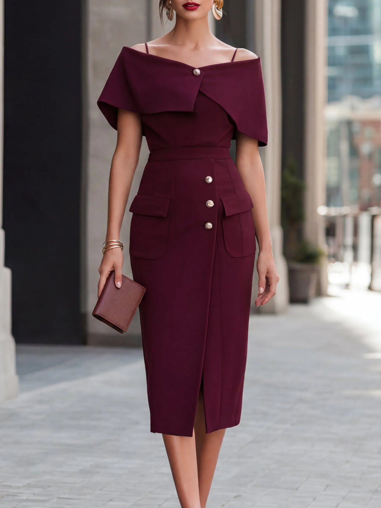 Off-Shoulder Asymmetric Foldover Mock Button Slit Pencil Midi Dress
