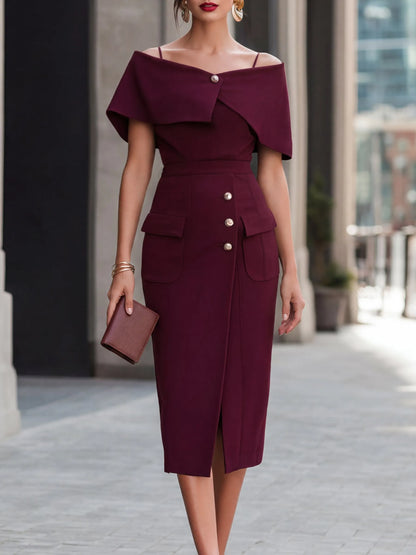 Off-Shoulder Asymmetric Foldover Mock Button Slit Pencil Midi Dress
