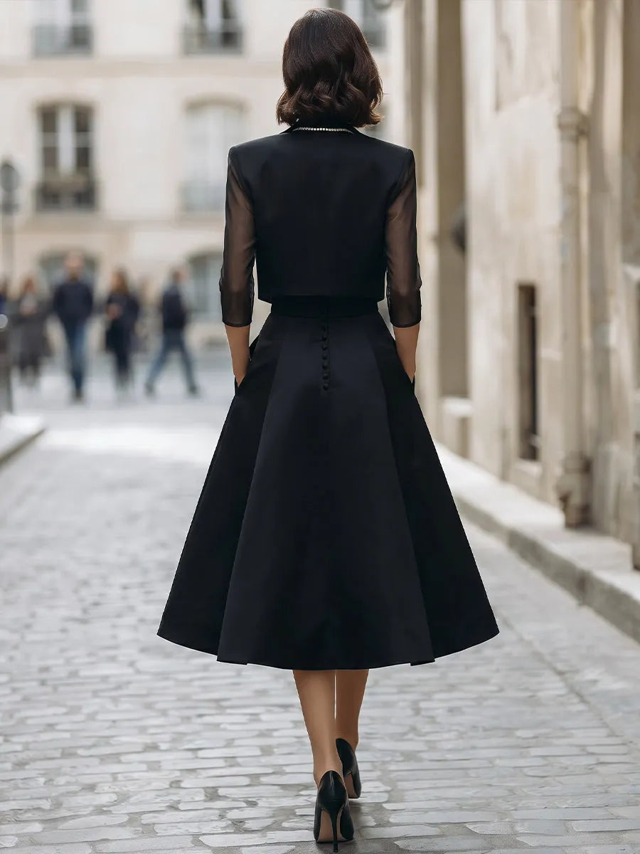 Mesh Sleeve Cropped Blazer & Strapless Satin A-Line Midi Dress Two-Piece