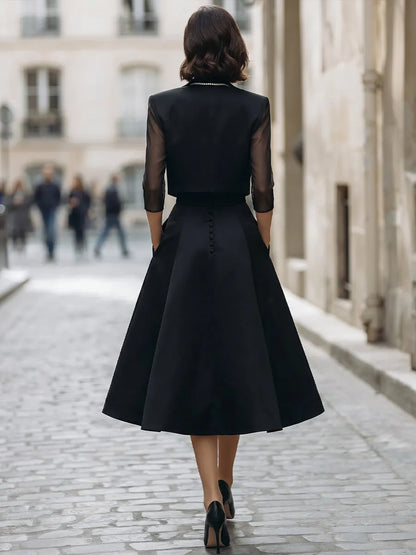 Mesh Sleeve Cropped Blazer & Strapless Satin A-Line Midi Dress Two-Piece