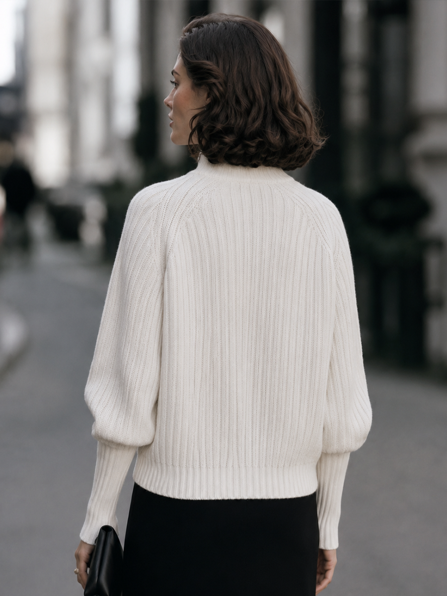 Split Mock-Neck Cable-Front Ribbed Raglan Knit Sweater
