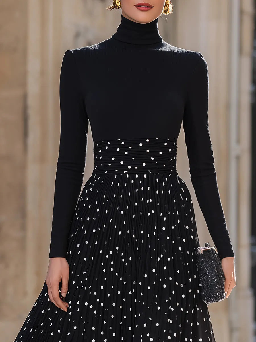 Turtleneck Top And Polka Dot Pleated Maxi Skirt Set
