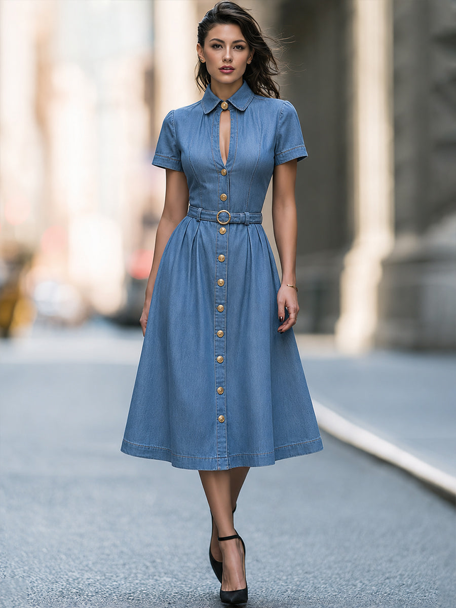Belted Button-Front Shirt Midi Dress