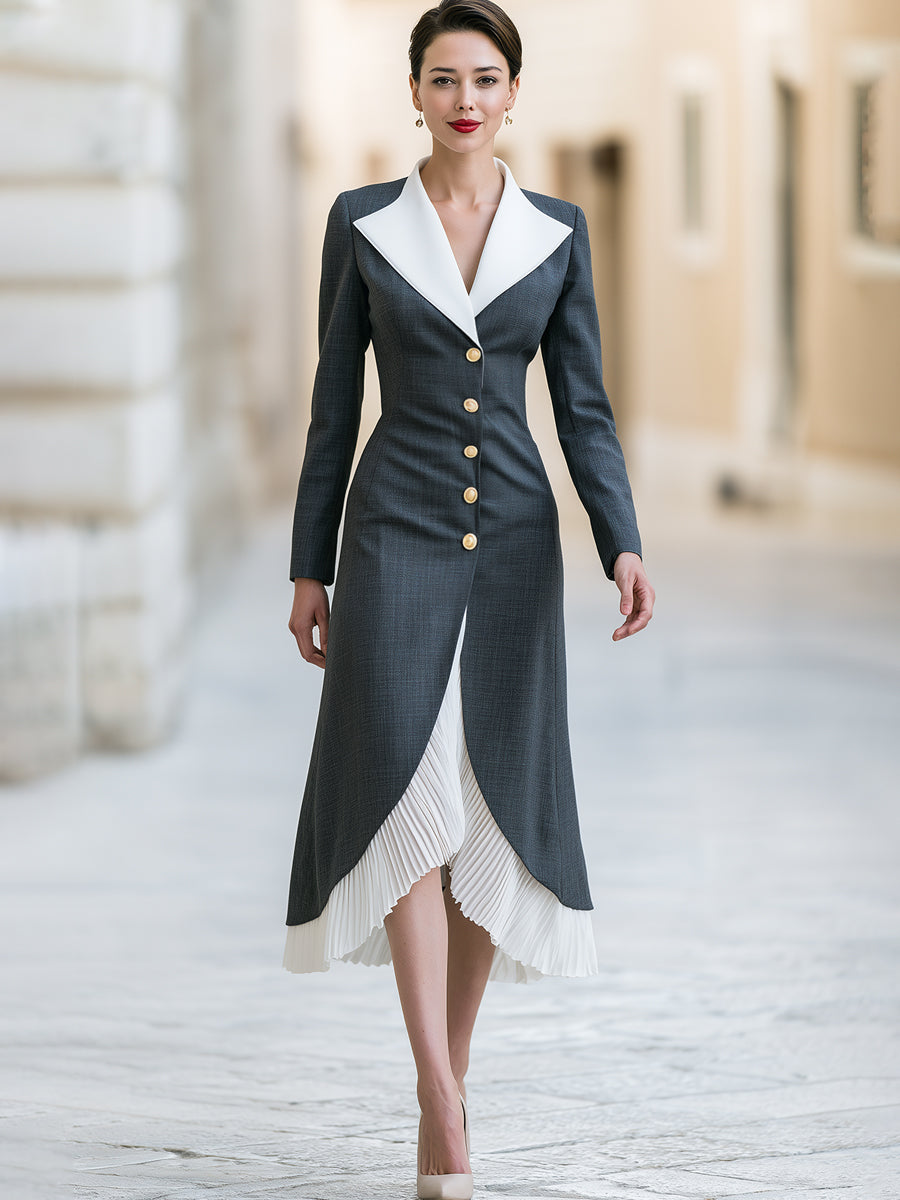 Contrast Lapel Pleated Hem Midi Dress