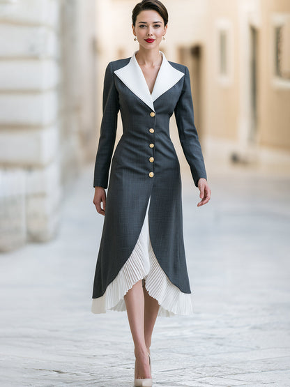 Contrast Lapel Pleated Hem Midi Dress