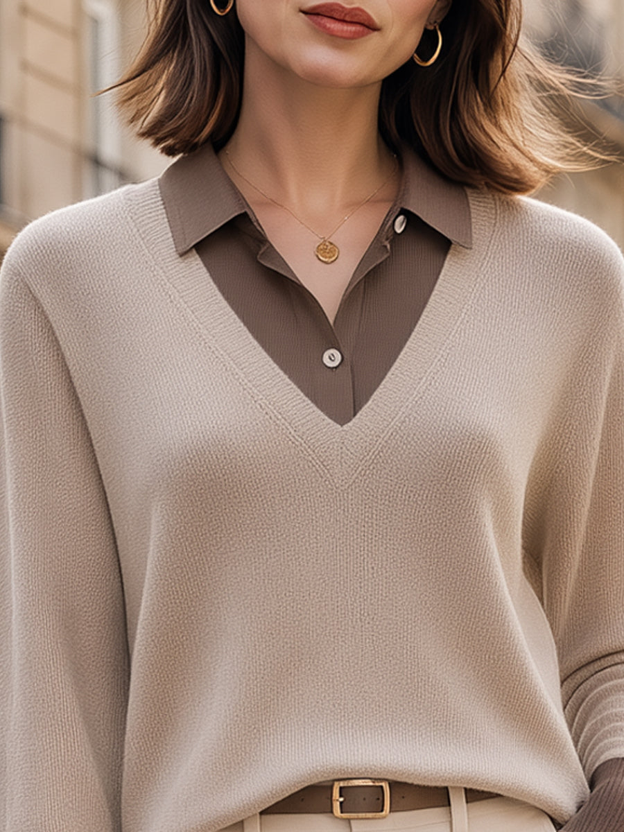 Layered Look V-Neck Knit Pullover