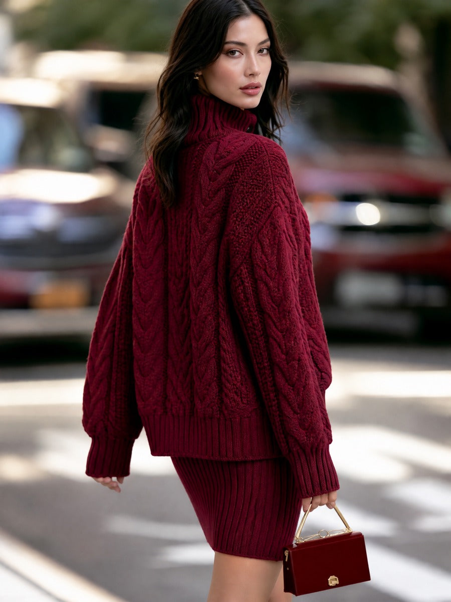 Cable Knit Mock Neck Sweater And Skirt Two-Piece Set