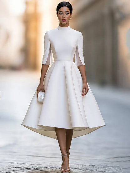 Pleated Cape Sleeve High-Low Midi Dress
