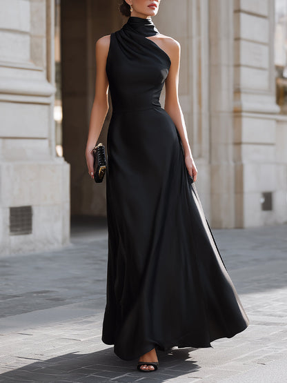 One-Shoulder Draped High-Neck Maxi Dress