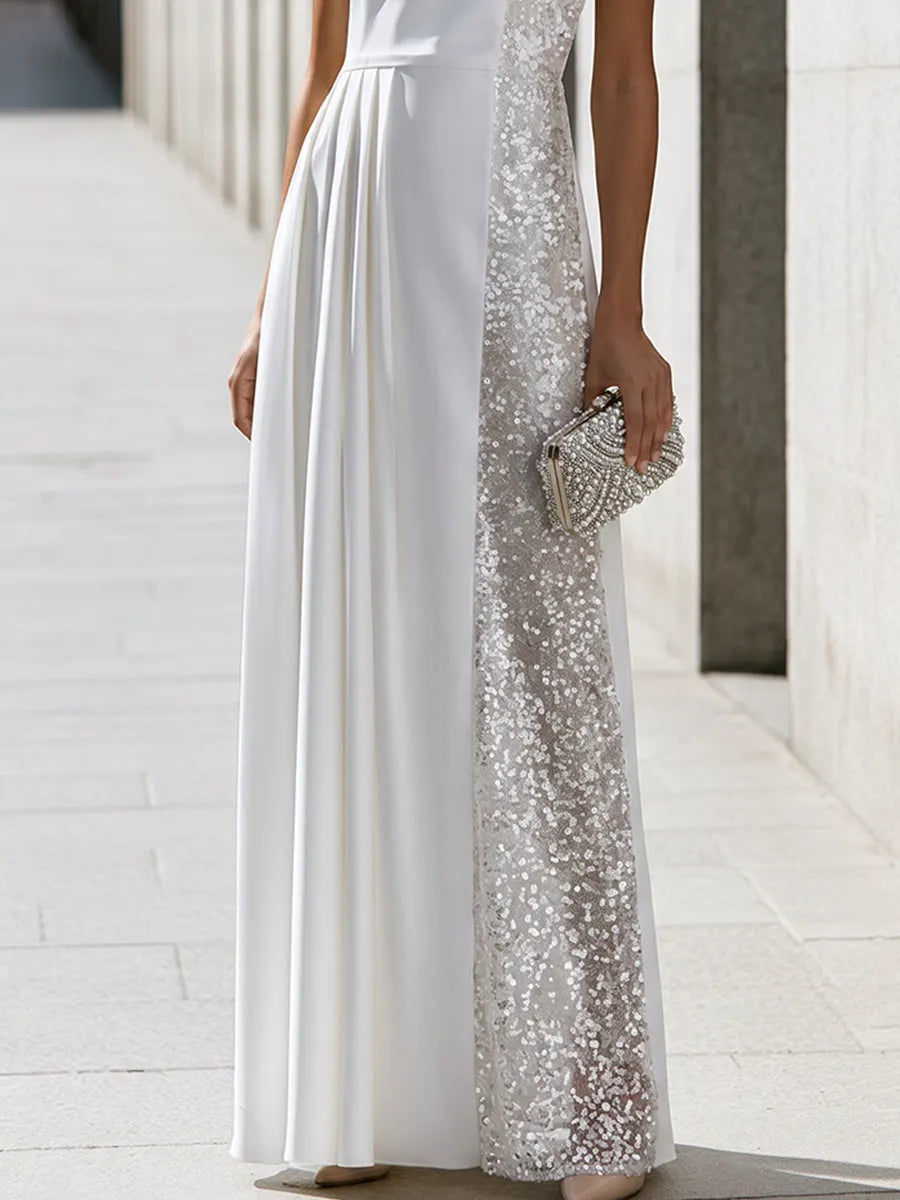Sleeveless Sequin Side Panel Pleated Evening Gown