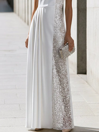 Sleeveless Sequin Side Panel Pleated Evening Gown