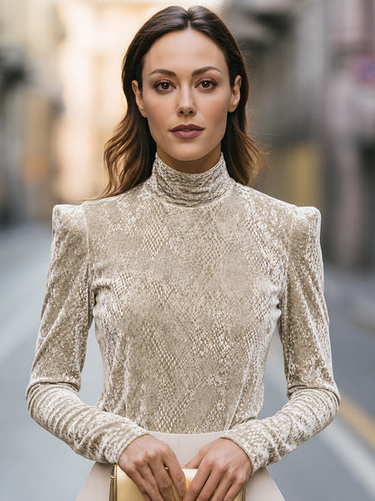 Embossed High-Neck Structured Shoulder Top