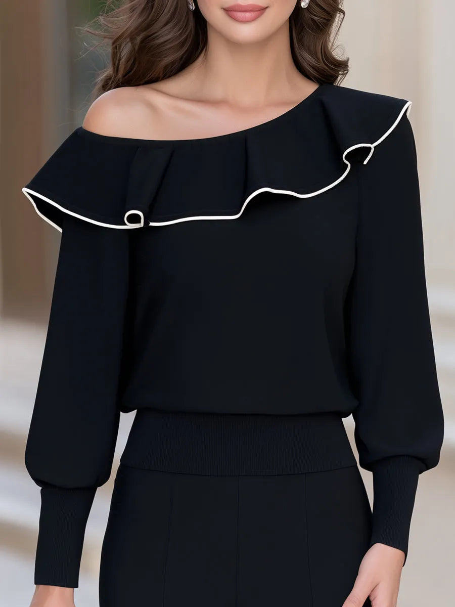 One Shoulder Ruffle Neck Long Sleeve Top