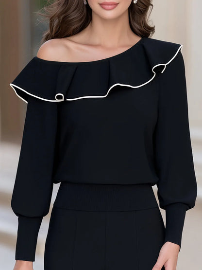 One Shoulder Ruffle Neck Long Sleeve Top