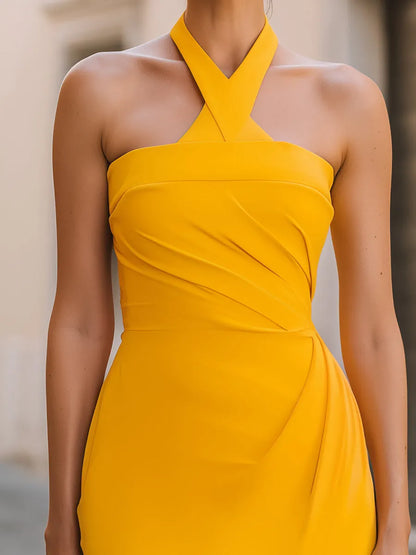 Halter Neck Cross-Strap Ruched Waist Pencil Midi Dress