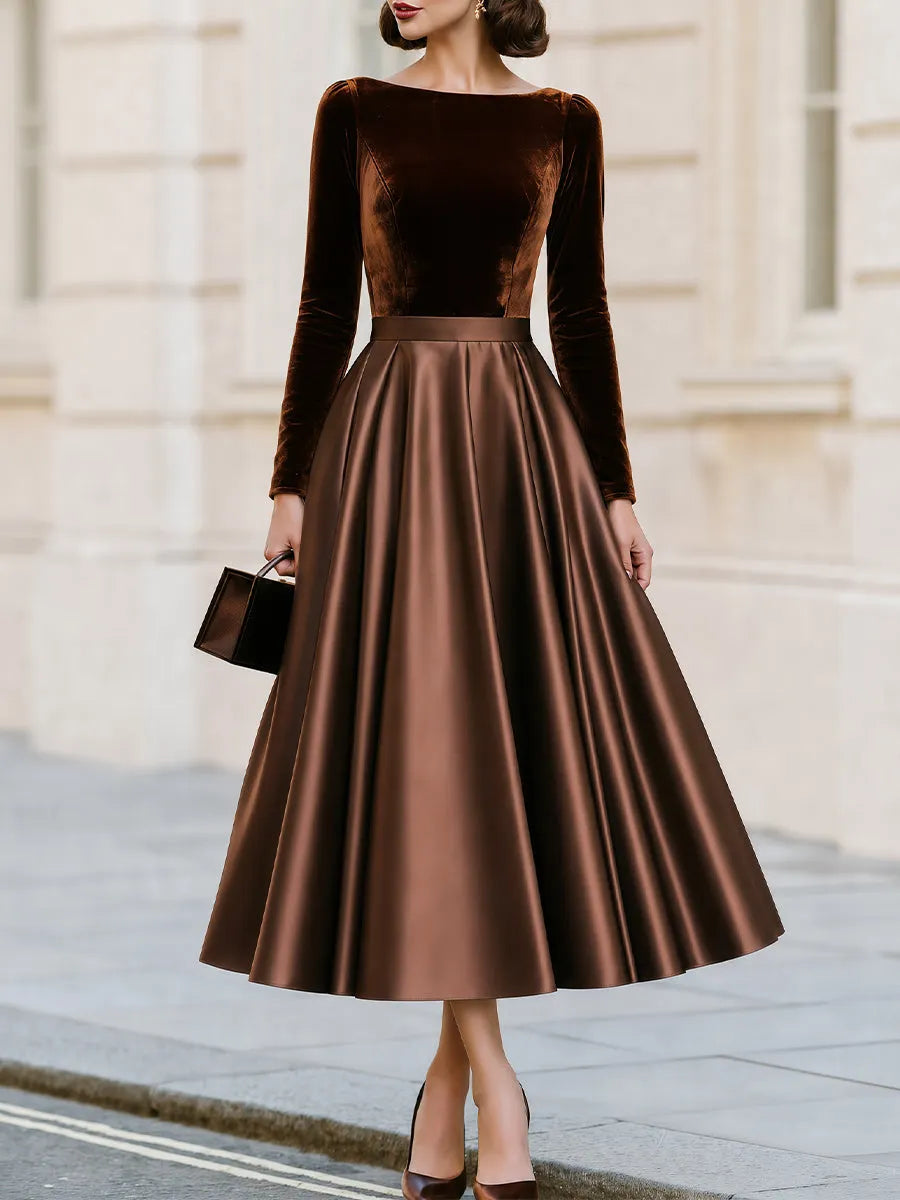 Boat Neck Long‐Sleeve Velvet‐Bodice Satin‐Skirt Midi A‐Line Dress