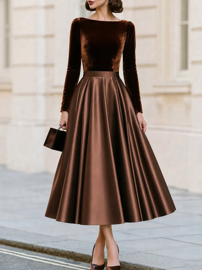 Boat Neck Long‐Sleeve Velvet‐Bodice Satin‐Skirt Midi A‐Line Dress