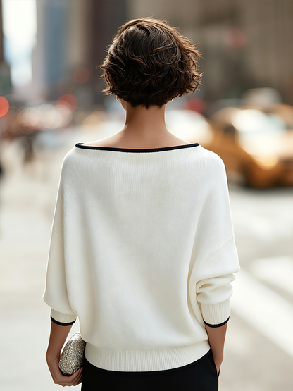 Contrast-Trim Boat-Neck Dolman Sleeve Oversized Knit Sweater