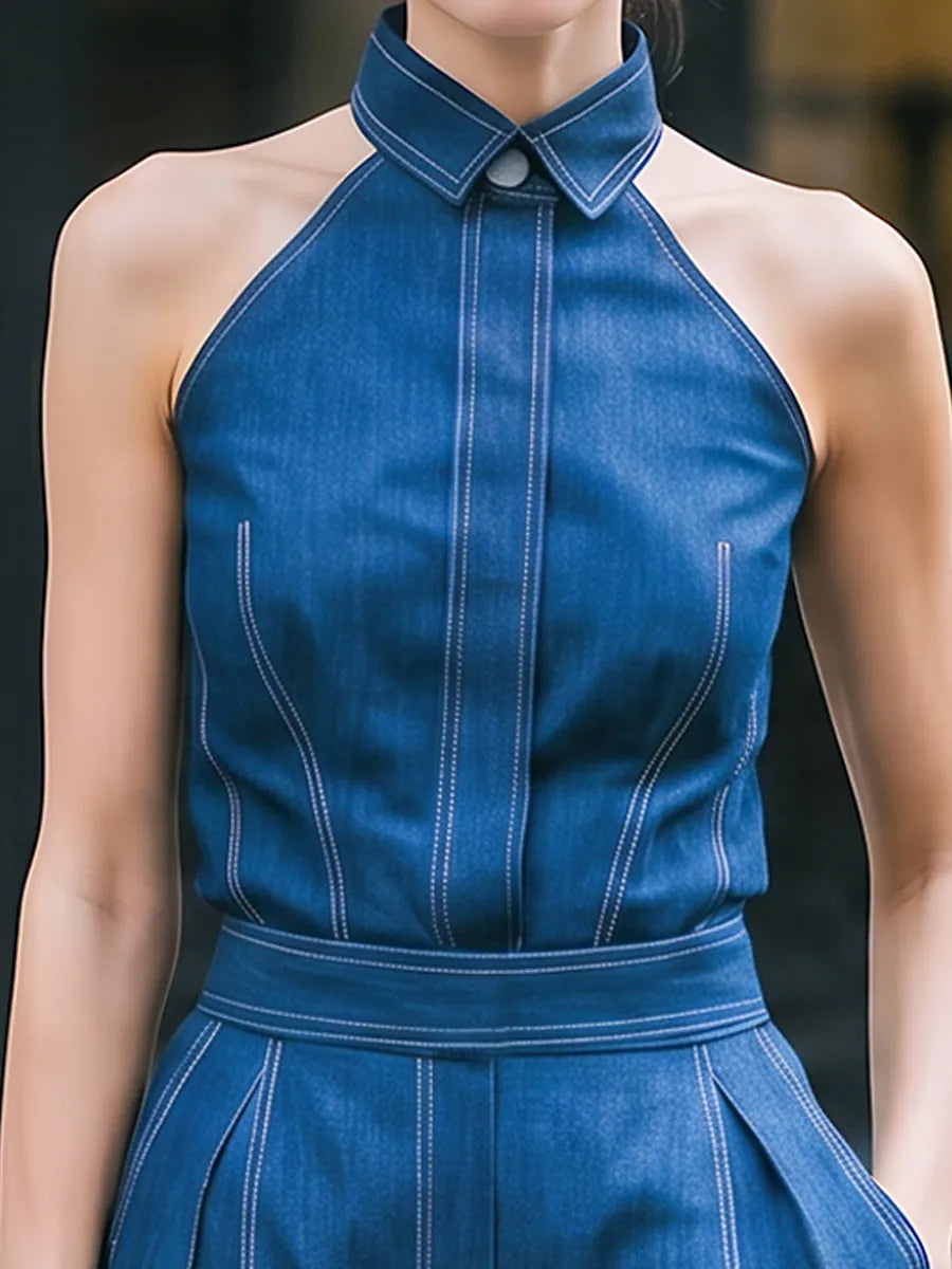 Halter-Neck Sleeveless Top & Denim Shorts Set