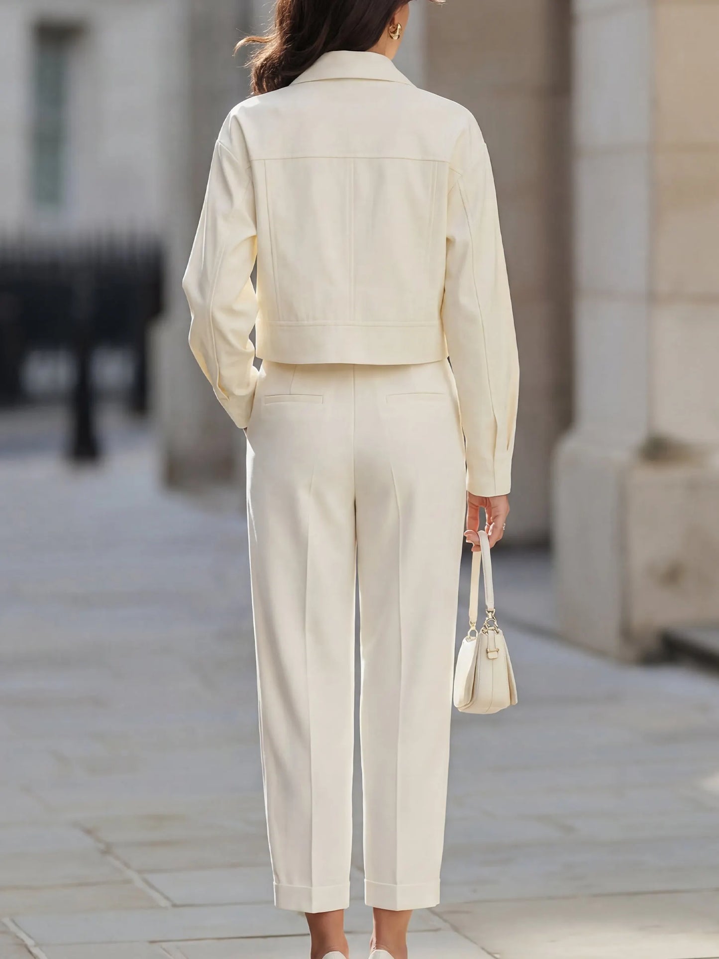 Zip-Up Cropped Utility Jacket & Wide-Leg Tailored Trousers Set