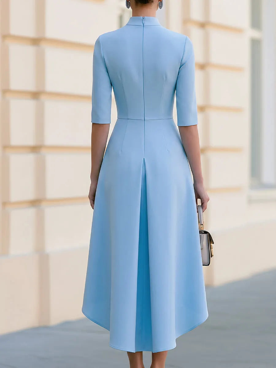 High Neck 3/4 Sleeve Asymmetrical Ruffle Midi Dress