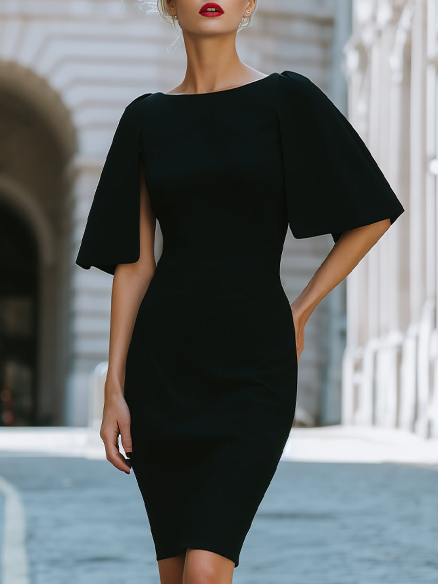 Structured Cape Sleeve Fitted Midi Dress
