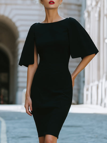 Structured Cape Sleeve Fitted Midi Dress