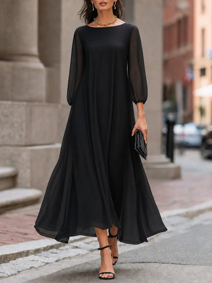 Sheer Sleeve Flowing A-Line Maxi Dress