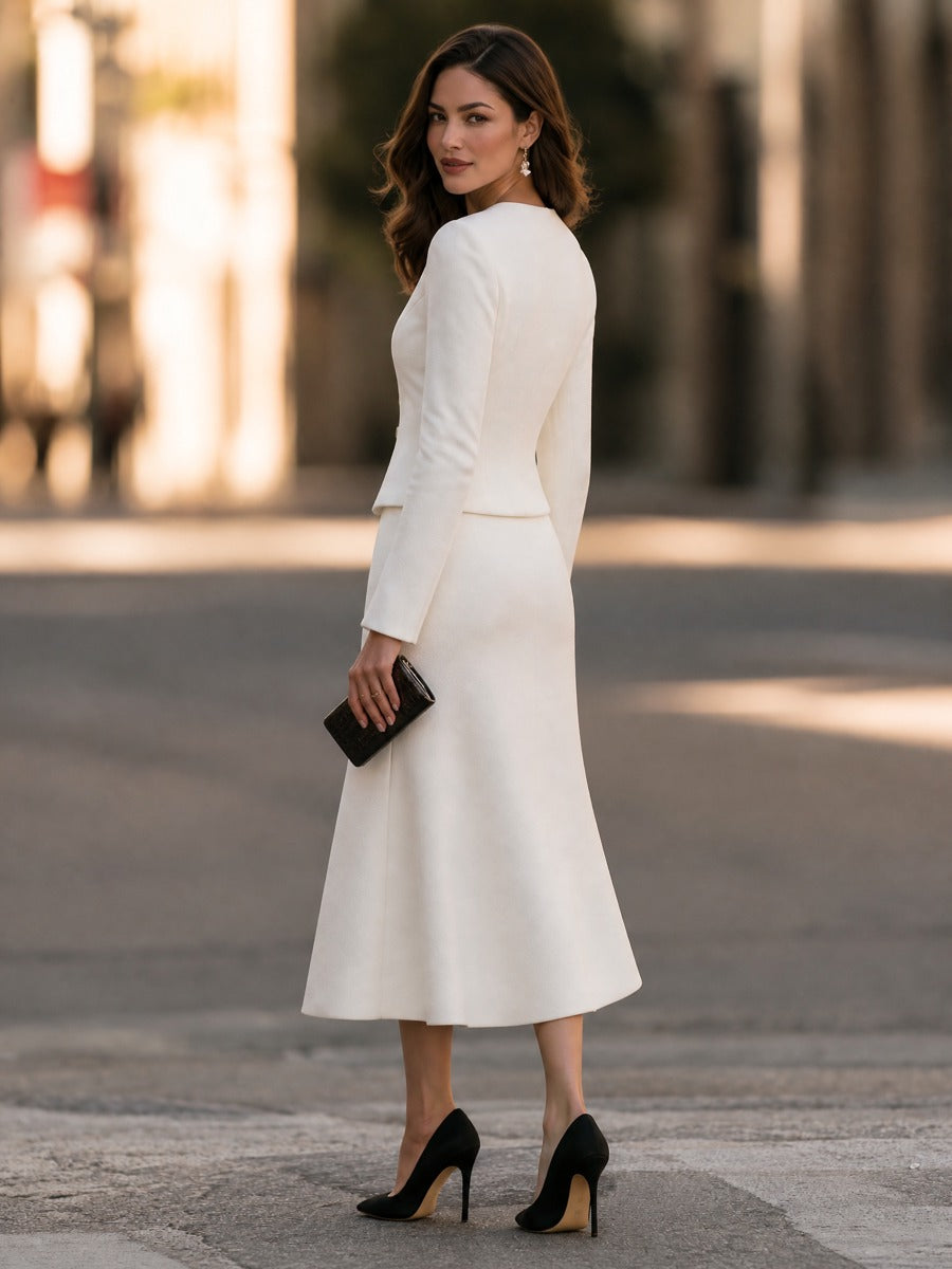 Round-Neck Pearl-Button Fitted Jacket And Fishtail Midi Skirt Set