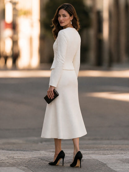 Round-Neck Pearl-Button Fitted Jacket And Fishtail Midi Skirt Set