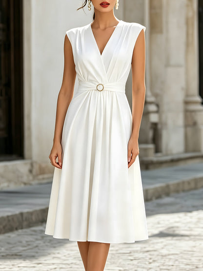Elegant V-Neck Pleated Waist Belted A-Line Midi Dress