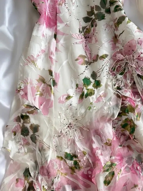 Floral Printed Gorgeous Lithe Spaghetti-Neck Lace Patchwork Maxi Dresses
