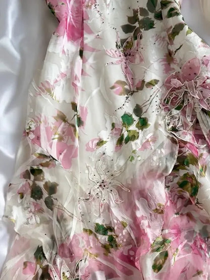 Floral Printed Gorgeous Lithe Spaghetti-Neck Lace Patchwork Maxi Dresses