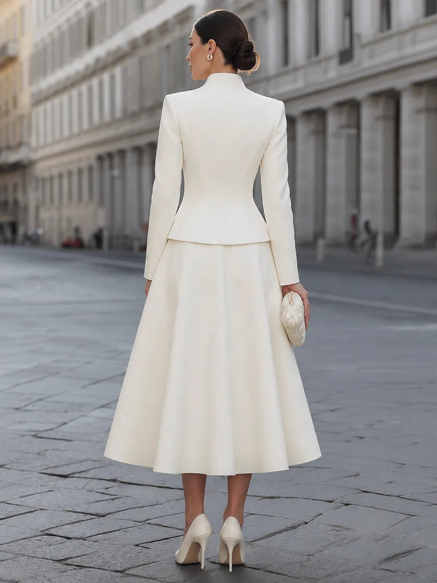 Button-Front Structured Blazer And Full Midi Skirt Set