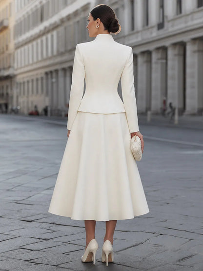 Button-Front Structured Blazer And Full Midi Skirt Set