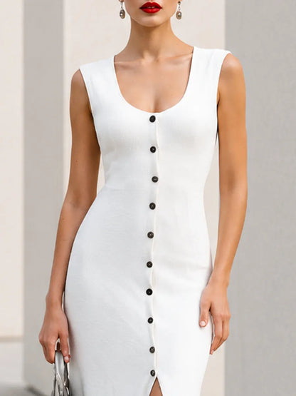 Sleeveless U-Neck Button-Detail Slit Maxi Dress