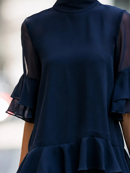 Sheer Sleeve Tiered Ruffle High Neck Blouse